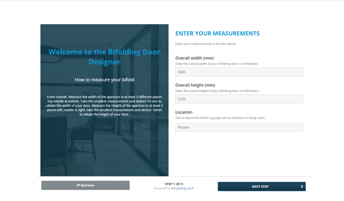 Door configuration options for aluminium bifold doors - enter sizes