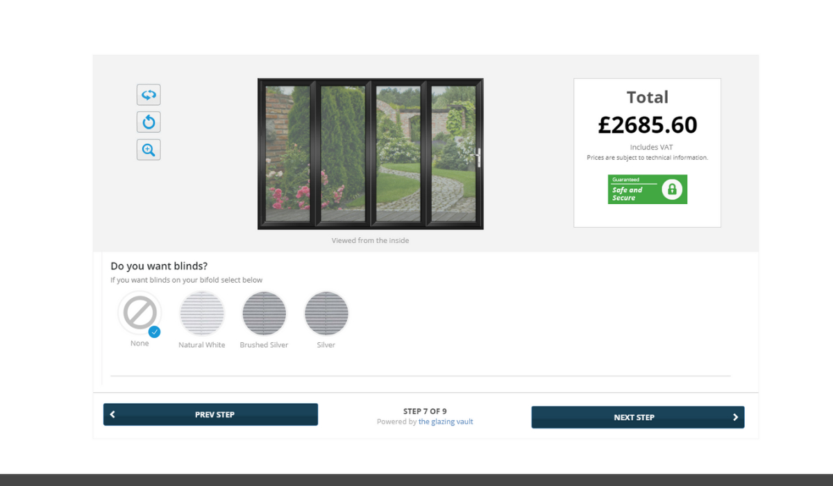 Aluminium bi-fold doors online designer - integral blinds